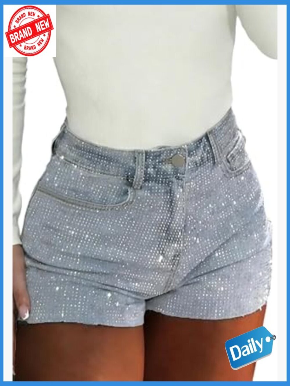 High Waisted Rhinestone Denim Shorts Raw Hem Stretch Y2k Party Wear